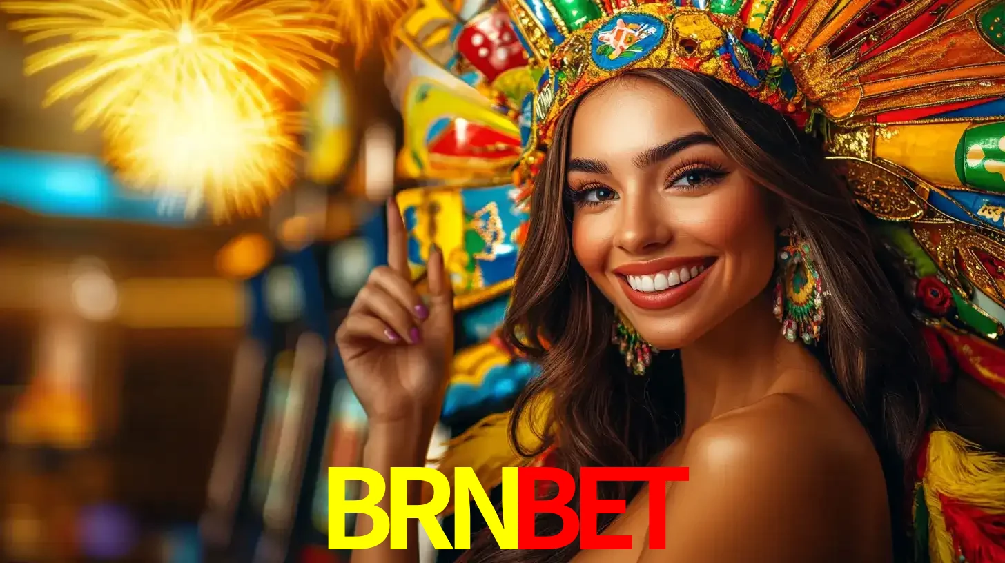 Mulher sorridente com um cocar de carnaval vibrante e colorido, celebrando uma grande vitória nos jogos do cassino BRNBET com fogos de artifício ao fundo.