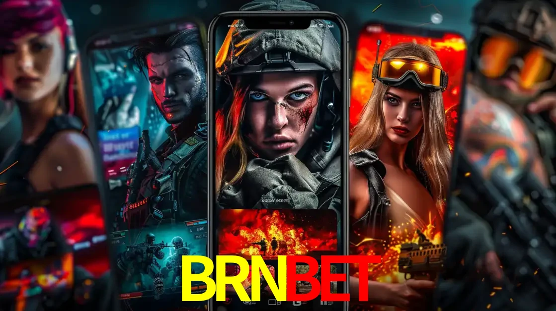 Montagem de telas de celular mostrando diversos personagens, masculinos e femininos, de um jogo de tiro, ilustrando a diversidade de equipes de e-sports para apostar no BRNBET.