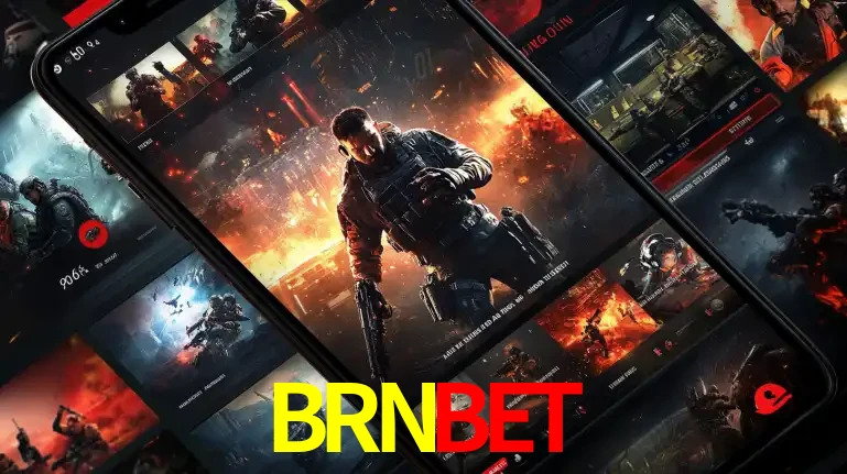 Tela de um celular exibindo uma galeria de jogos de tiro com temática militar, mostrando a variedade de e-sports disponíveis para apostas na plataforma de entretenimento BRNBET.