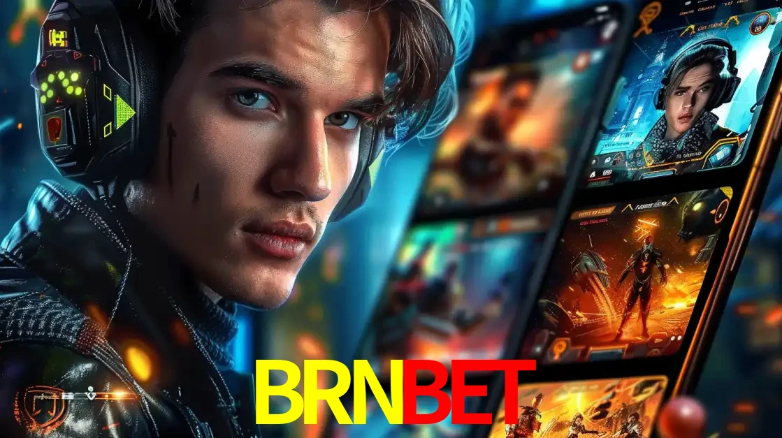 Jovem jogador com fones de ouvido olhando para a câmera, com um aplicativo de jogos e e-sports para celular ao fundo, pronto para a competição e apostas no BRNBET.