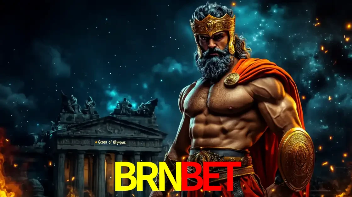 O poderoso Zeus do jogo de slot Gates of Olympus em frente ao seu templo, pronto para lançar multiplicadores divinos e prêmios épicos no cassino online BRNBET.