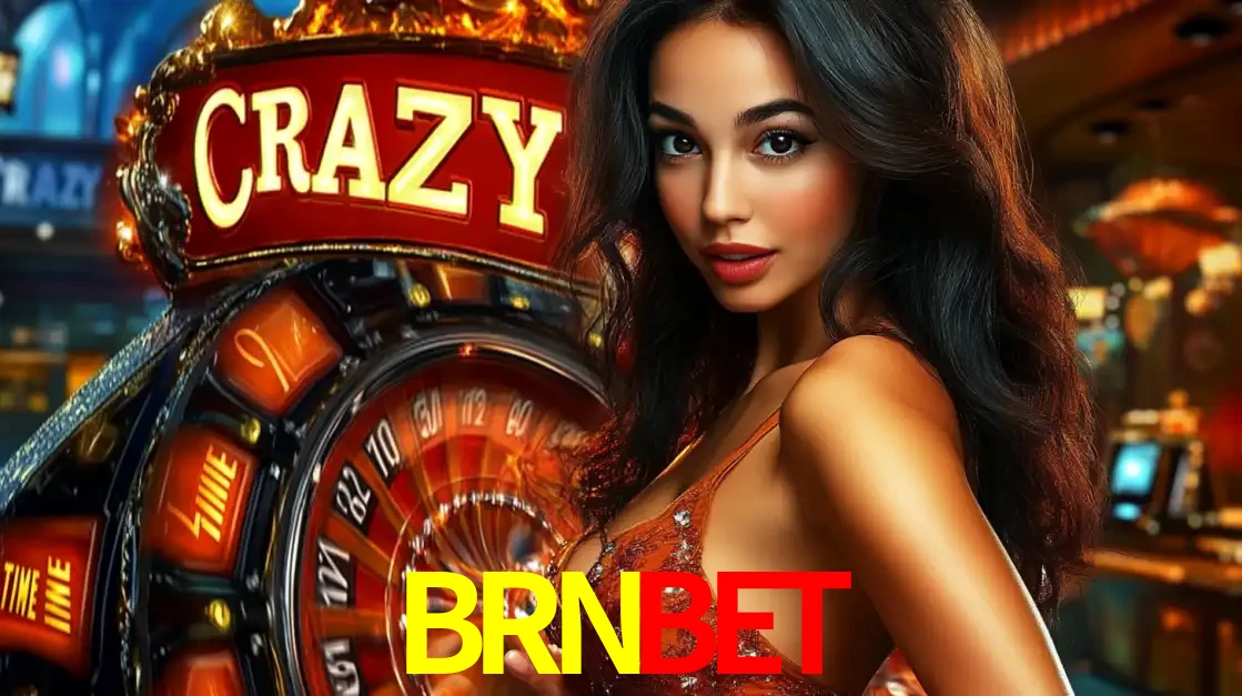 Mulher glamourosa olhando para a câmera com a roda vermelha do Crazy Time ao fundo em um ambiente de cassino, destacando a emoção dos jogos ao vivo no BRNBET.