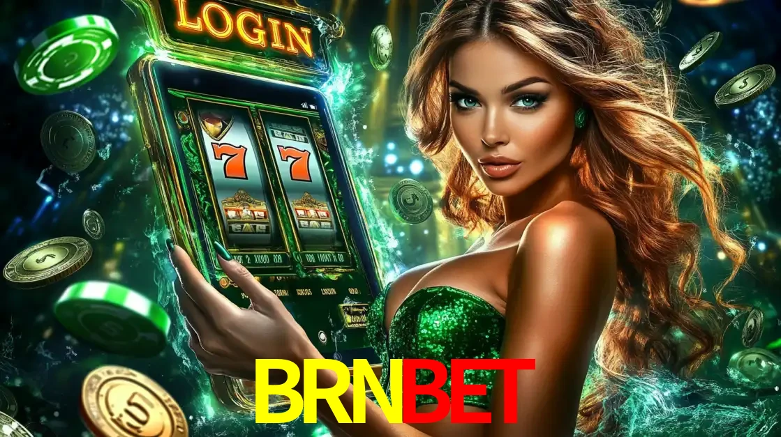 Mulher com tema verde apresentando o aplicativo do cassino BRNBET com um jogo de slot de 777, cercada por fichas de cassino e uma aura de sorte.