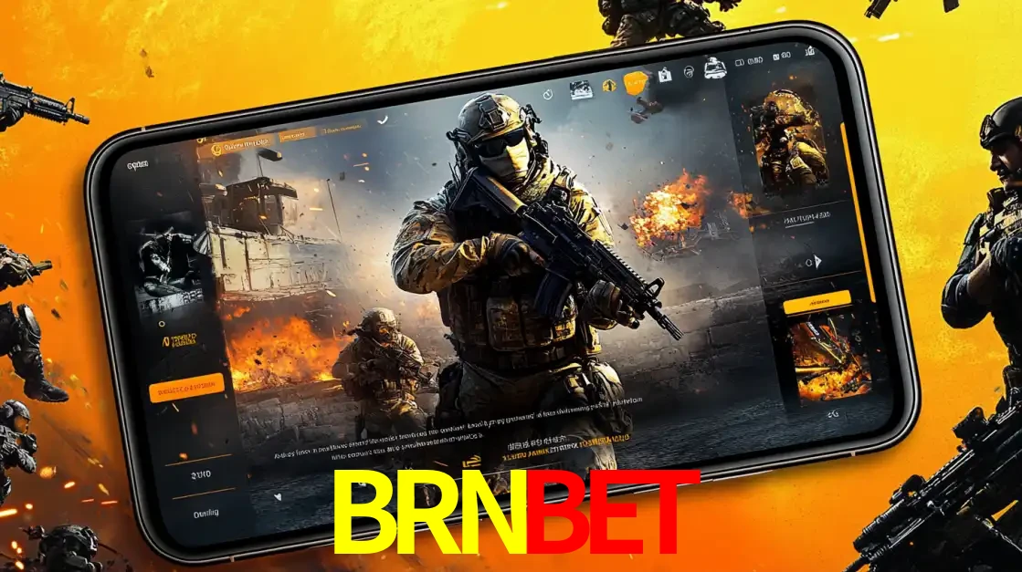 Um smartphone exibindo a interface de um jogo de tiro em primeira pessoa, com um soldado em um cenário de batalha, representando a ação dos e-sports para apostar no BRNBET.