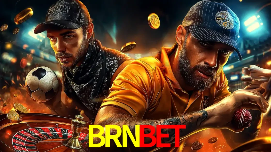 Montagem de apostas esportivas e cassino no BRNBET, com um homem segurando uma bola de futebol e outro uma de beisebol sobre uma roleta e moedas voadoras.