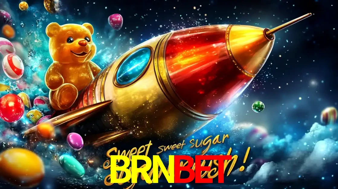 Arte promocional do jogo de slot Sugar Rush, com um urso de pelúcia em um foguete viajando pelo espaço de doces, um dos jogos divertidos disponíveis no cassino BRNBET.