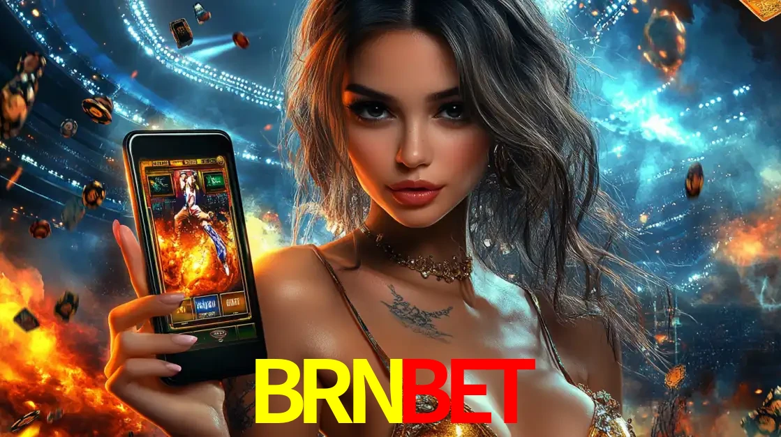 Mulher segurando um celular com um jogo de slot em destaque, tendo como fundo um estádio vibrante, simbolizando a emoção de jogar no cassino móvel BRNBET.